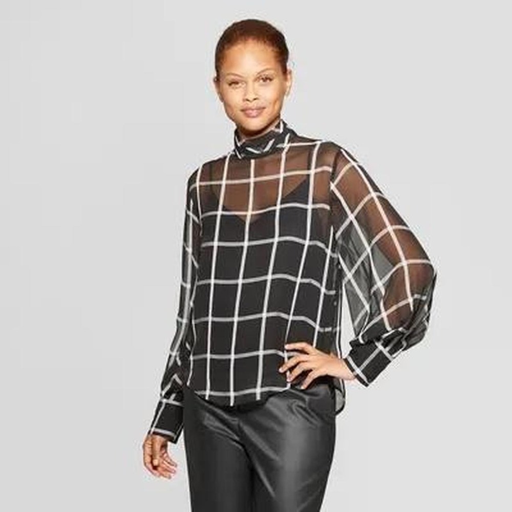 Black Windowpane Sheer Blouse